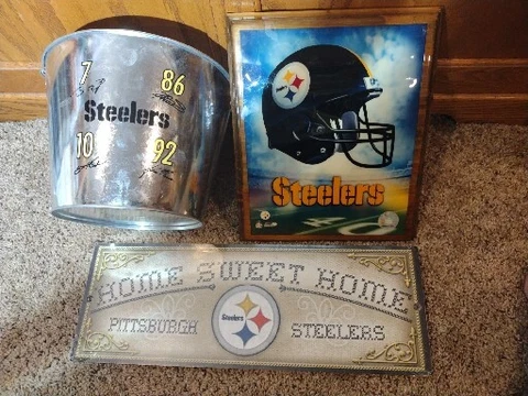 3pc lot Pittsburgh Steelers Man Cave Sign, Beer Bucket, & Team Logo Epoxy Plaque Cover