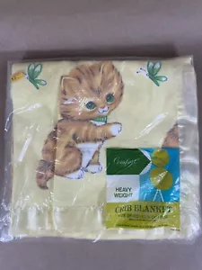 Vintage Satin Trim Kitty Crib Blanket Butterflies Cotton New Yellow - Picture 1 of 8