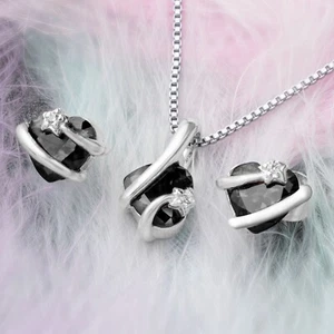 Black Onyx Gemstone Pendant and Earring Set Wrapped Heart Love Gift Jewellery - Picture 1 of 6