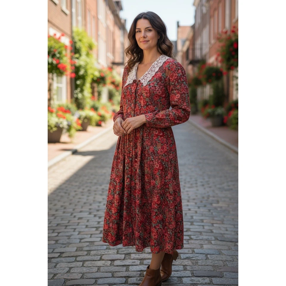 Maxi Vestido Vintage Laura Ashley Para Mujer 8 Rojo Floral Cuello Encaje Cabaña Pradera Foto 1 de 4