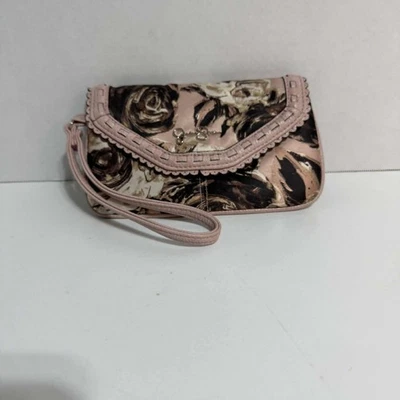 Jessica Simpson Wristlet Clutch Purse Pink Floral Faux Leather Lace Trim Bag - Image 1 of 4
