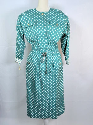 Leslie Fay Dress Womens 8 Turquoise Polka Dot Belted Cottagecore 80s NWT Boho - Image 1 of 4