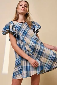 FREE PEOPLE Yara Plaid Mini Cotton Dress Blue Tan Surfin Combo Size M NWT - Picture 1 of 10