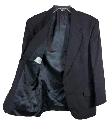 Bill Blass 100% 精纺羊毛黑色细条纹西装外套运动外套,尺寸 40S 34W — 第 1/4 张图片