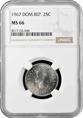 Dominican Republic 25 centavos 1967, NGC MS66, "Republic (1937 - 2023)" - Image 1 of 2