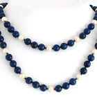 Collier Halskette lang endlos Lapis Lazuli Kugeln Akoya Perlen blau wei 90 cm