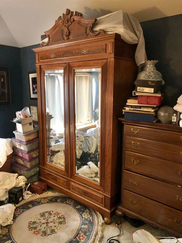 ANTIQUE FRENCH DOUBLE MIRRORED  & DOOR  2 DRAWER ARMOIRE WARDROBE; MAHOGANY Cover