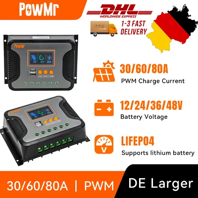 Powmr PWM 30A 60A  Solar Laderegler 12V/48V USB Controller für AGM,Gel,LIFePo4 - Bild 1 von 4