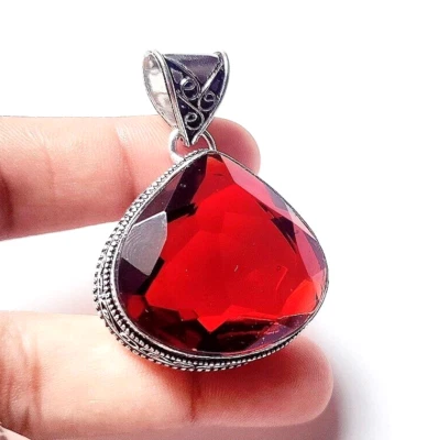 Mozambique Garnet Gemstone Handmade 925 Sterling Silver Jewelry Pendant 1.90" - Image 1 of 4