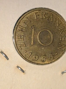 Sarre Saarland 10 Franken 1954 German - Picture 1 of 2