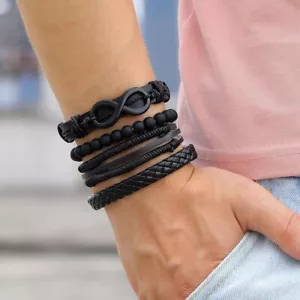 6pc Braided Leather Bracelets Beaded Set for Men Women Cuff Wristband Adjustable - Picture 1 of 1