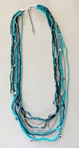 LOVELY MULTISTRAND LONG NECKLACE TURQUOISE AQUA SEED BEAD SILVER GLASS ACRYLIC - Picture 1 of 11