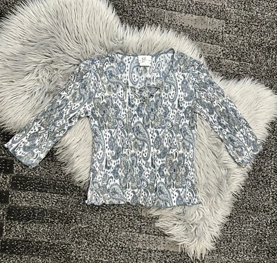 IZ Byer Women Blue Paisley 3/4 Sleeve Lace Up Semi Sheer Top SZ Small Made In US - Image 1 of 4