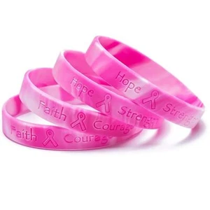 4 Pcs Breast Cancer Bracelets- Pink Ribbon Breast Cancer Awareness Silicone - Picture 1 of 1