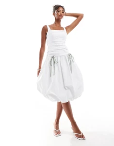 ASOS DESIGN RUCHED PUFF HEM MIDI DRESS WITH GRENN SATIN BOW DETAILS. UK:14 - Picture 1 of 1