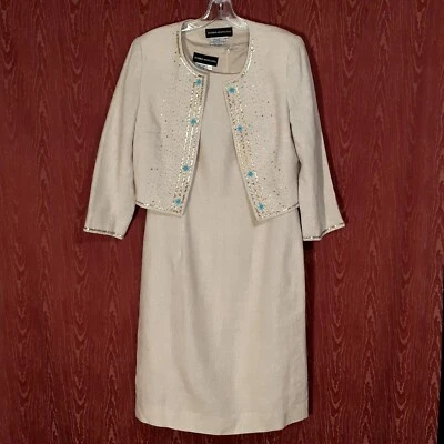 DONNA MORGAN 2 Piezas Manga Larga Chaqueta/Funda Vestido Traje BEIGE 100% Lino Talla 6 Foto 1 de 4
