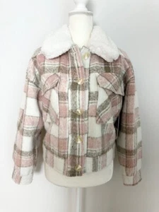 Central Park West Womens Button Up Jacket Size S Pink Plaid Faux Fur Pockets - Picture 1 of 14