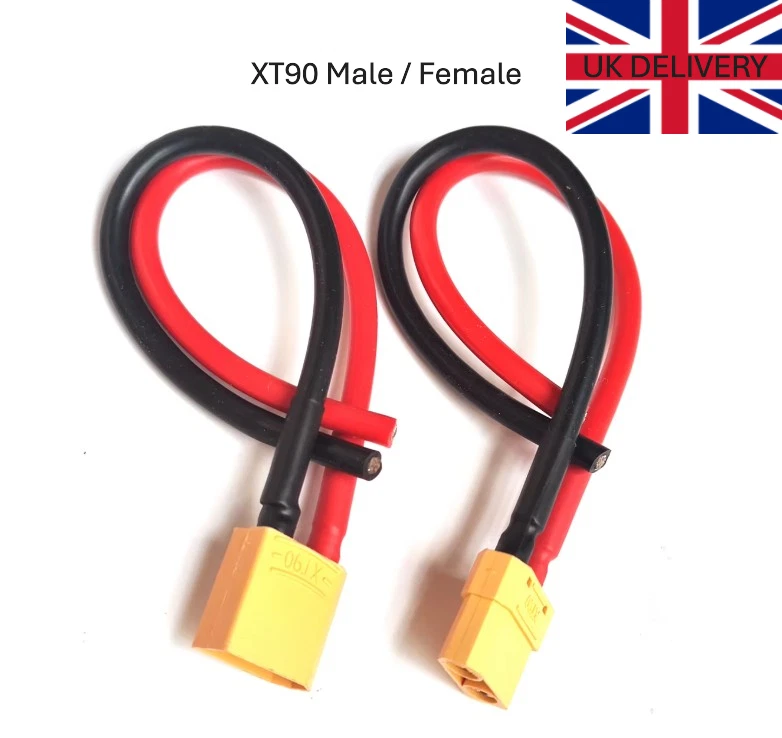 Male & Female XT90 connector pigtail/cable 100mm 14 AWG Silicone RC Wire UK - Image 1 of 4