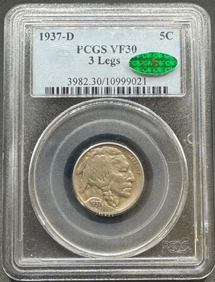 MINT ERROR 1937-D 3 LEGS BUFFALO NICKEL PCGS VF30 CAC 11XHH25 - Image 1 of 4