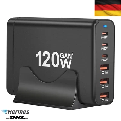 120W GaN USB C PD Ladegerät EU Stecker 6 Ports Schnellladegerät Handy - Bild 1 von 4