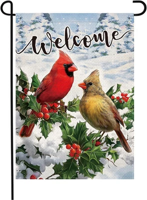 Welcome Christmas Garden Flag 12X18 Inch Double Sided Burlap Red Cardinal Bird H - Image 1 of 4