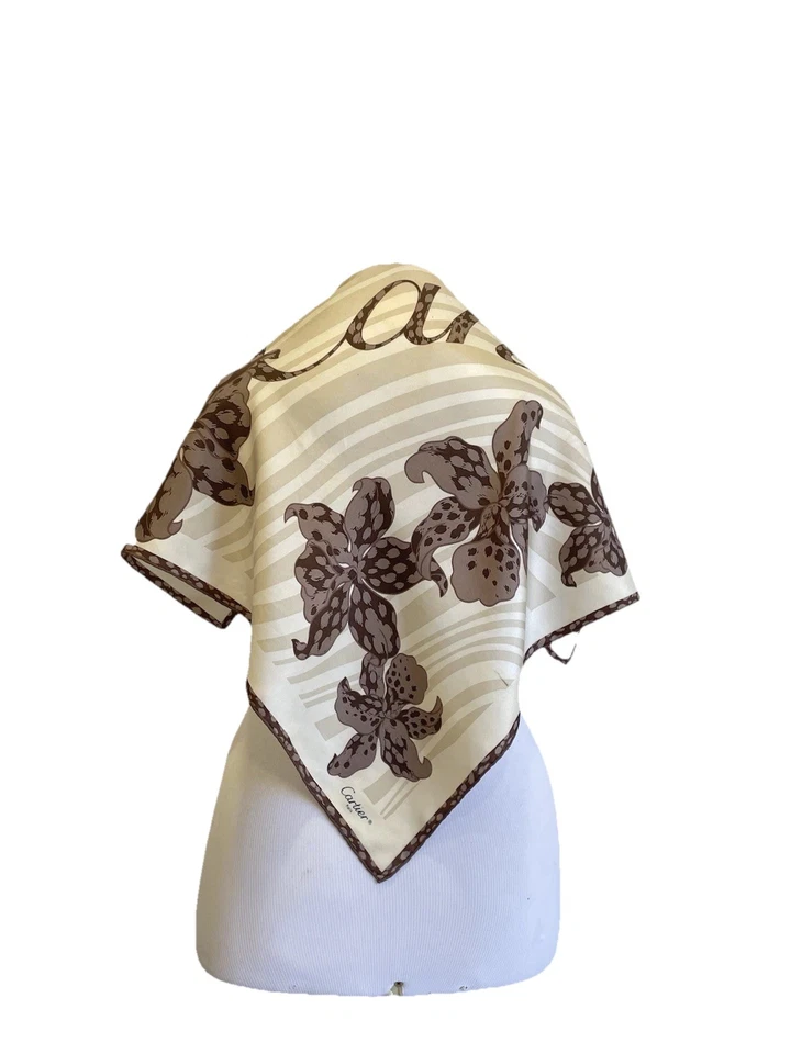 Y5# Cartier Paris Silk Scarf Brown Floral Orchid Print Vintage Made in Italy - Image 1 of 4