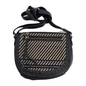 The Sak Black Leather Purse Crossbody Bag Woven Rattan Panel Adjustable Strap  - Picture 1 of 12