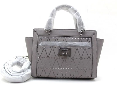 NUEVO MICHAEL KORS TINA SM Top Cremallera Cuero Saffiano Cartera Mensajero Gris Perla Foto 1 de 4