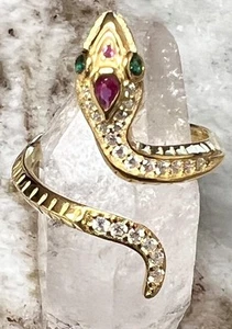 Genuine Ruby Diamond Emerald Coiled Snake Ring 14K Yellow Gold on solid 925 coil - Picture 1 of 16