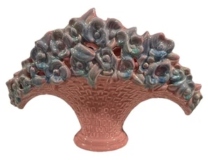 VTG Royal Haeger Pink Basket Green Floral Fan Ceramic Vase Planter MCM R386 USA - Picture 1 of 8