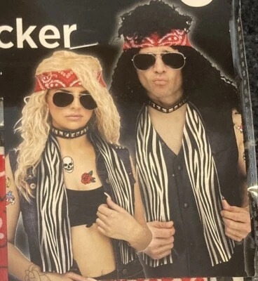 Kit Disfraz Rocker Instantáneo Años 80 Adulto 4 Piezas Gafas Tatuaje Gargantilla Bufanda Estrella Foto 1 de 3