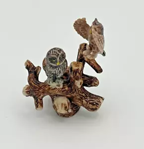 Northern Rose Brown Owl Pair in Tree Mini Figurine Porcelain 2" - Picture 1 of 6