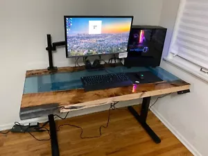 Clear Blue Epoxy Live Edge Wooden Desk Table - Computer Office Desk Furniture - Picture 1 of 6