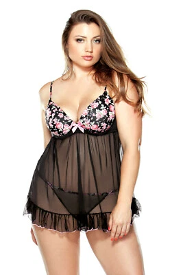 Fantasy Lingerie P119 Women's Push Up Floral Print Babydoll, G-String, 1X-2X - Image 1 of 3