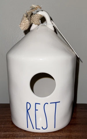 RAE DUNN Ivory With Blue Large Letters “REST” Birdhouse New Cover