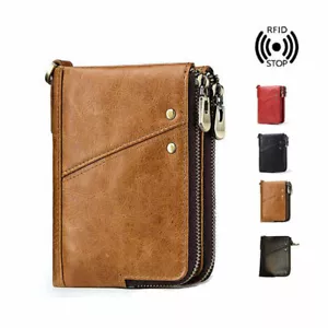 SALE Mens RFID Small Wallet Genuine Leather Zip Purse Credit Card Coins Holder - Picture 1 of 14
