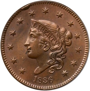 1836 N-3 ANACS MS 63 BRANDNEU Matrone oder Kronettkopf große Cent Münze 1c - Bild 1 von 3