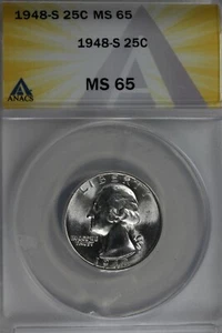 1948-S .25 ANACS MS 65 Washington Quarter, Silver 25 Cents (0.25) - Picture 1 of 2