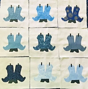 Quilt Top Blöcke 9 blau Baumwolle Stoff Applikation Cowboy oder Mädchen Stiefel 6" - Bild 1 von 4
