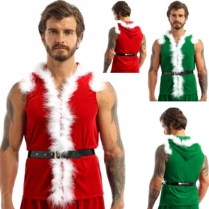 Men Christmas Santa Claus Costume Fancy Dress Up Velvet Hooded Coat Jacket Vest - Picture 1 of 45