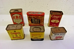 6 Vintage Antique Kitchen Tins Ginger Mustard Casien Glue Rat Kill Cream Tarter - Picture 1 of 11