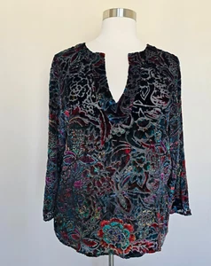 Chico's Größe 3 bunt transparent Ausbrenner Samt Blumen V-Ausschnitt Bluse Shirt Top - Bild 1 von 22