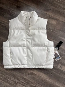CI SONO Women’s Puffer Vest Soft Winter White Ecru Vegan Faux Leather Cropped L - Picture 1 of 3