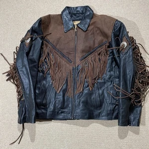 Vintage Leather Fringe Jacket Mens 48 3XL Black Brown Western Tassel Biker USA - Picture 1 of 13