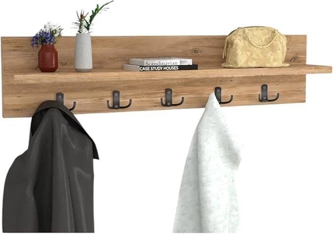 Wall Mounted Coat Rack 80cm Pine Shelf 5 Hooks Floating Storage Rail - Image 1 of 4