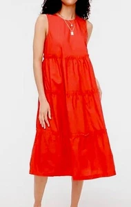 J Crew Dress Orange Red Tiered Midi Maxi Ruffle Cotton Sleeveless Classic Sz 8 - Picture 1 of 16