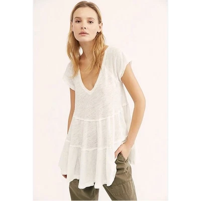 NUEVA Camiseta Free People Sunshine In The Rain Mezcla de Lino en Niveles Blanca Para Mujer Mediana Foto 1 de 4
