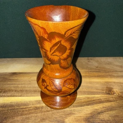 Винтажная резная деревянная ваза ручной работы с цветочным цветком натуральный ручной работы   - Изображение 1 из 4