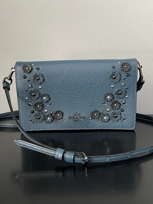 COACH 柳树花卉海登折叠斜挎包青绿色皮革茶玫瑰/珠子 — 第 1/4 张图片