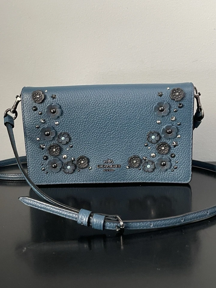 Bandolera plegable COACH Willow Floral Hayden cuero verde azulado rosas de té/cuentas Foto 1 de 4